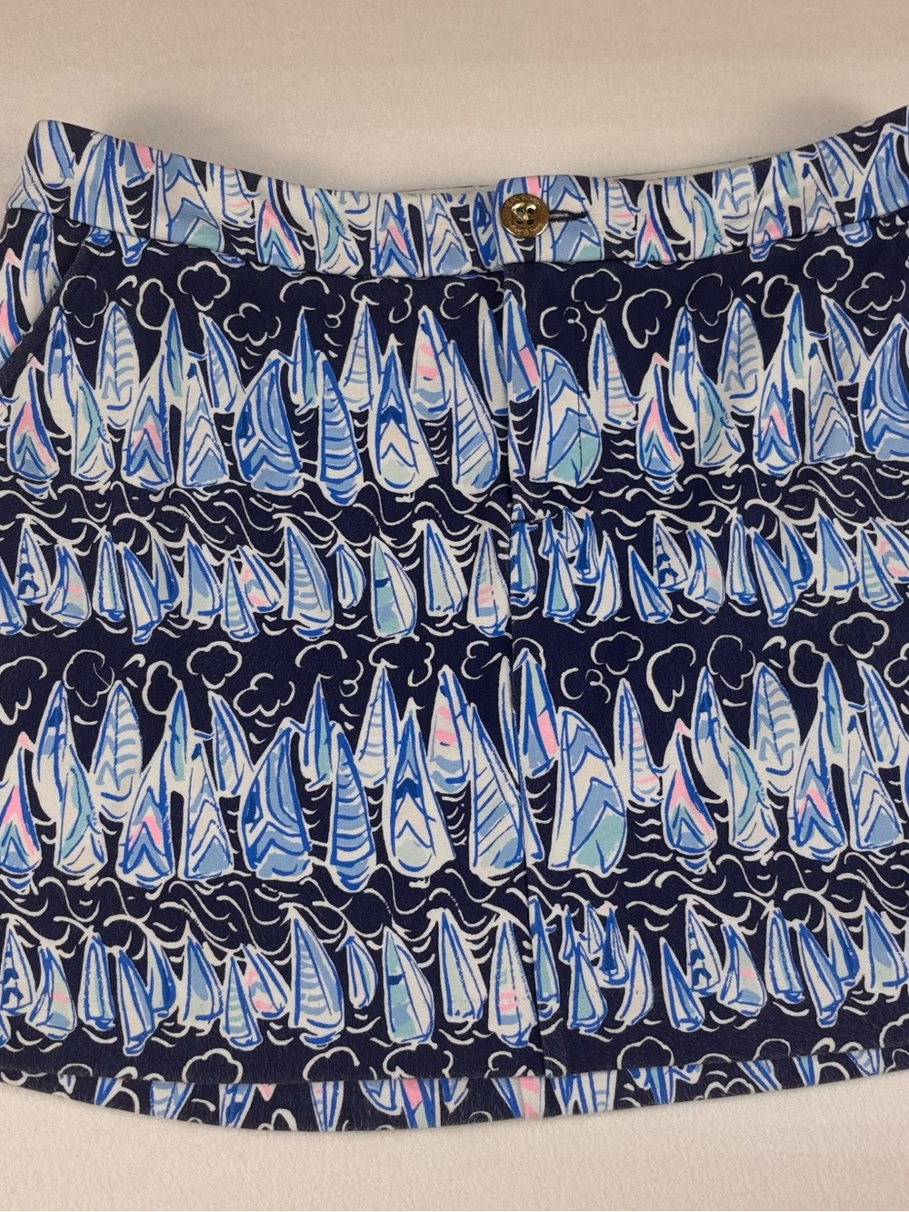 Lilly Pulitzer Navy Sailboat-Row Print Mini Skort with Light Blue & Pink Accents